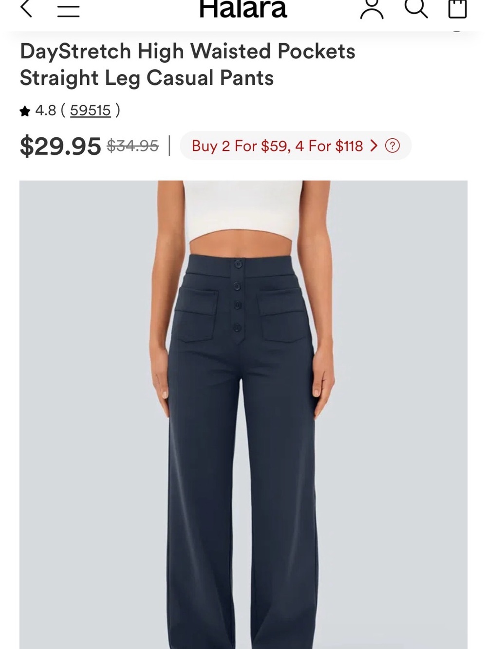 HALARA Navy High-Rise Straight Leg Pants with Front Button Pockets